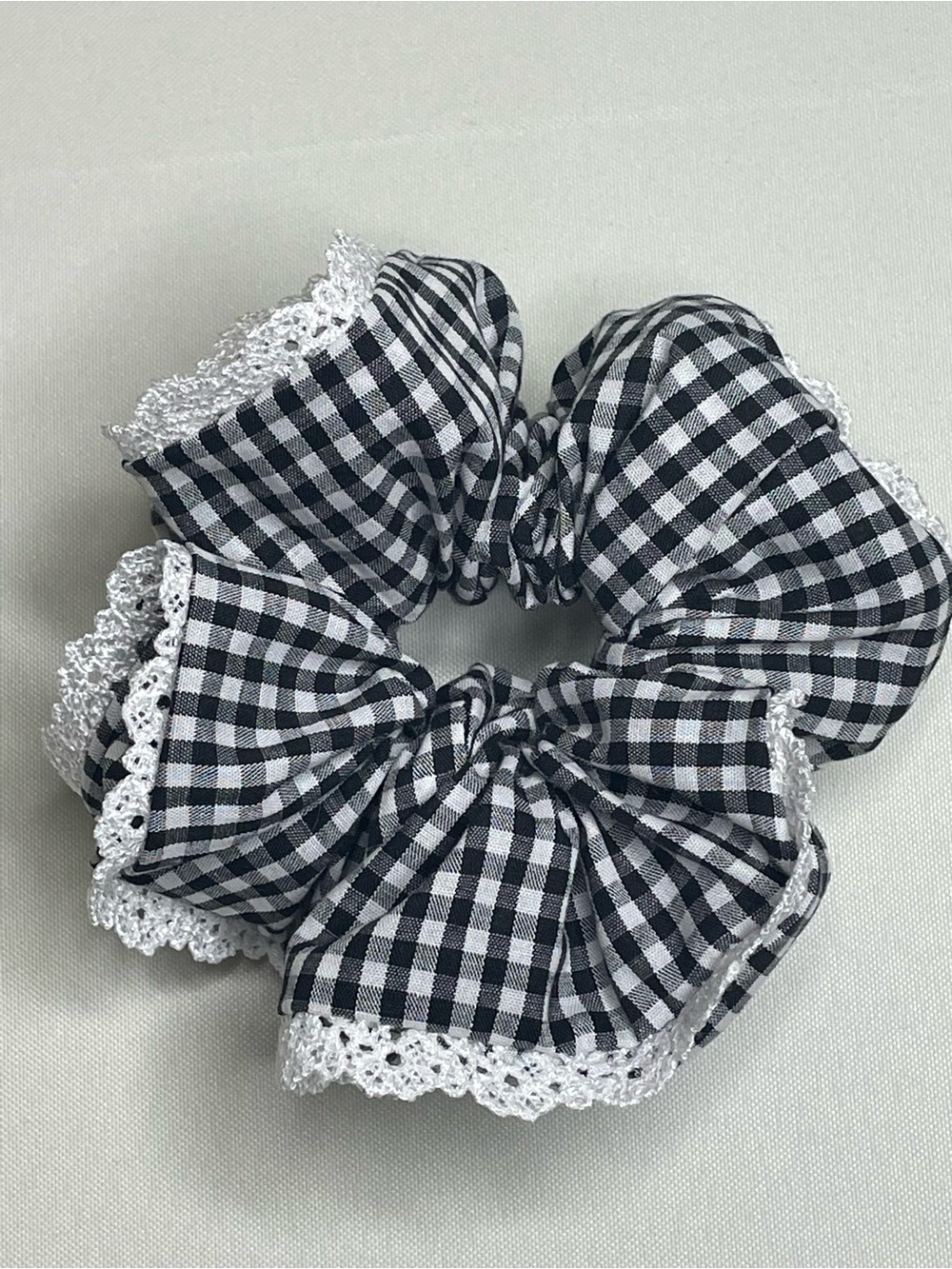 Black & White Gingham Lace-Trim Hair Scrunchie